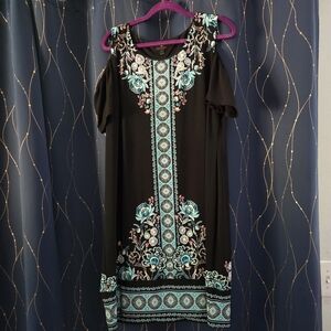 JM Collection Black Dress with Teal Floral Accents